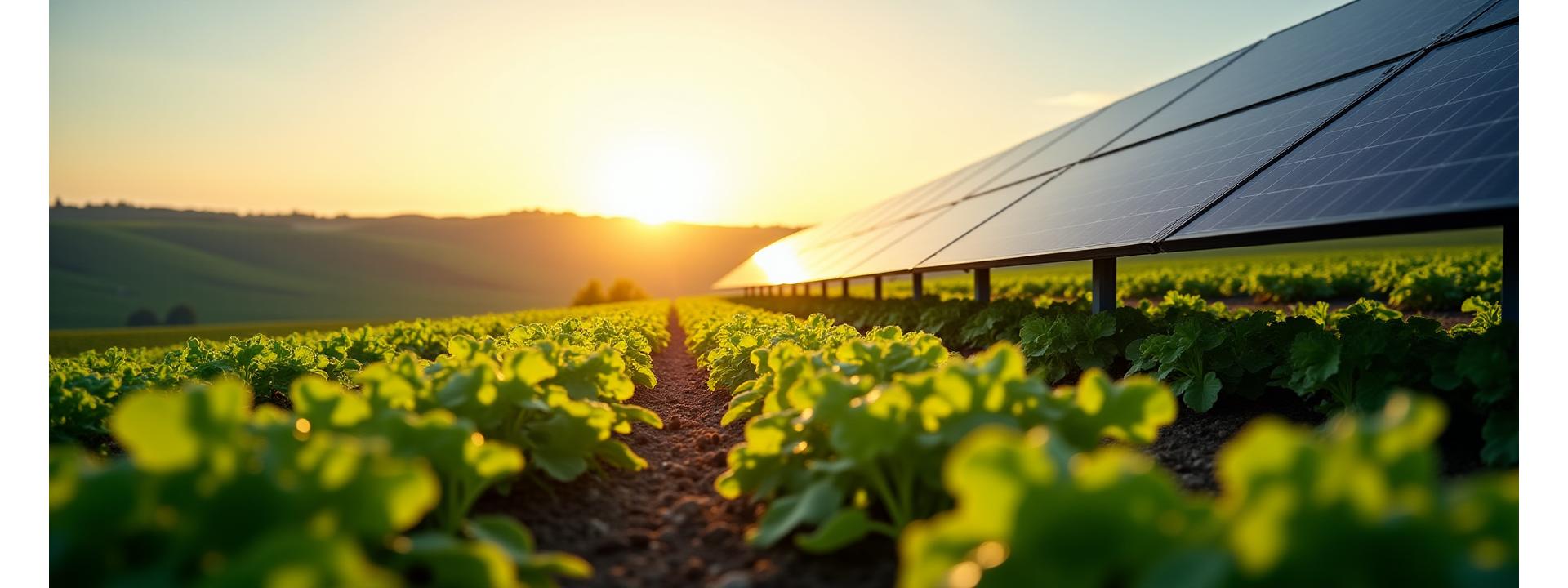 Platus agrivoltaikos lauko, kuriame po saulės panelėmis auga pasėliai, kadras. Viršuje šviečia saulė, o panelės meta dalinį pavėsį ant žemės.
