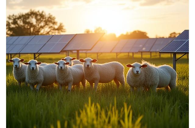 Agrivoltaikos laukas, kuriame ganyklose ganosi avys, panelės suteikia pavėsį.