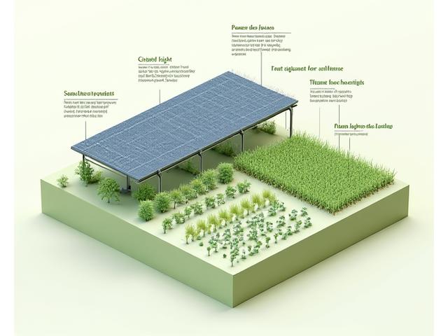 Agrivoltaikos sistemos schematinis brėžinys, rodantis panelių išdėstymą, aukštį ir pasėlių lysves po jomis.