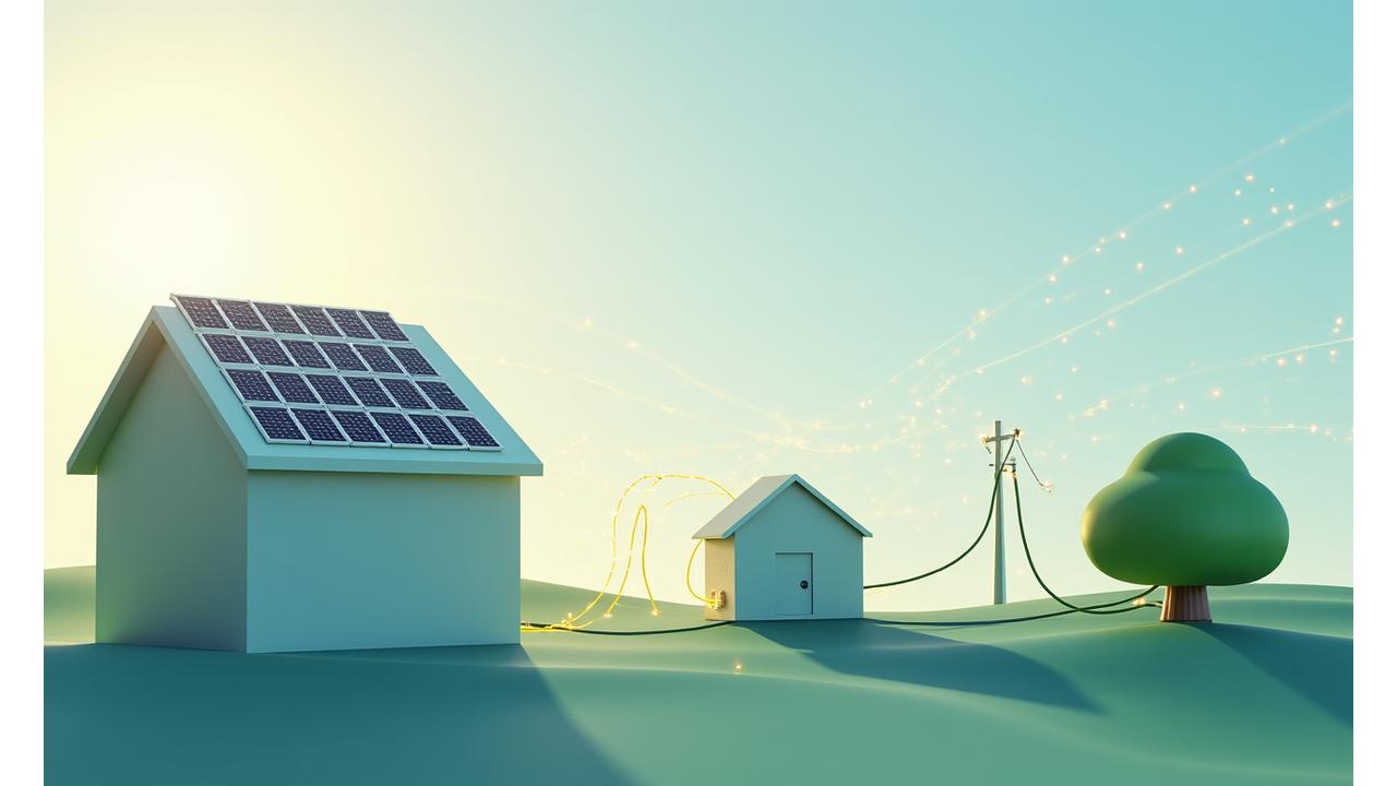 Saulės energijos srauto diagrama su baterijų saugojimo sistema, rodančia nepriklausomybę nuo tinklo ir energijos vartojimą naktį.