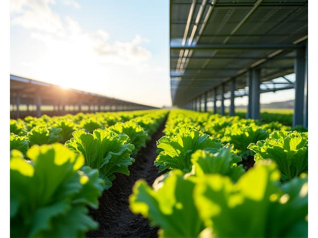 Žemės ūkio laukai su agrivoltaikos instaliacija