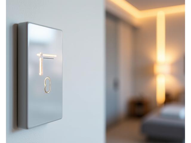 Modernus išmaniųjų namų apšvietimo pultas su LED šviesomis ir sensoriumi.