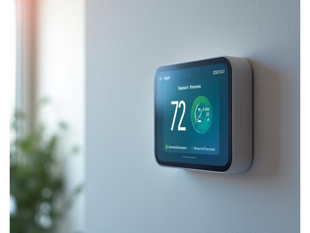 Šiuolaikinis išmanusis termostatas ant sienos rodo kambario temperatūrą ir nustatymus.