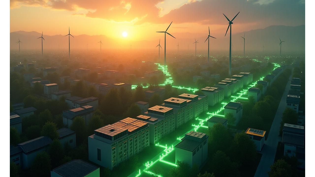 Išmanusis miesto vaizdas su skaitmeniniu sluoksniu, jungiančiu saulės kolektorius, vėjo jėgaines ir energijos saugojimo baterijas, iliustruojantis mikrotinklo tinklą, esantį po saulėtekio šviesa.