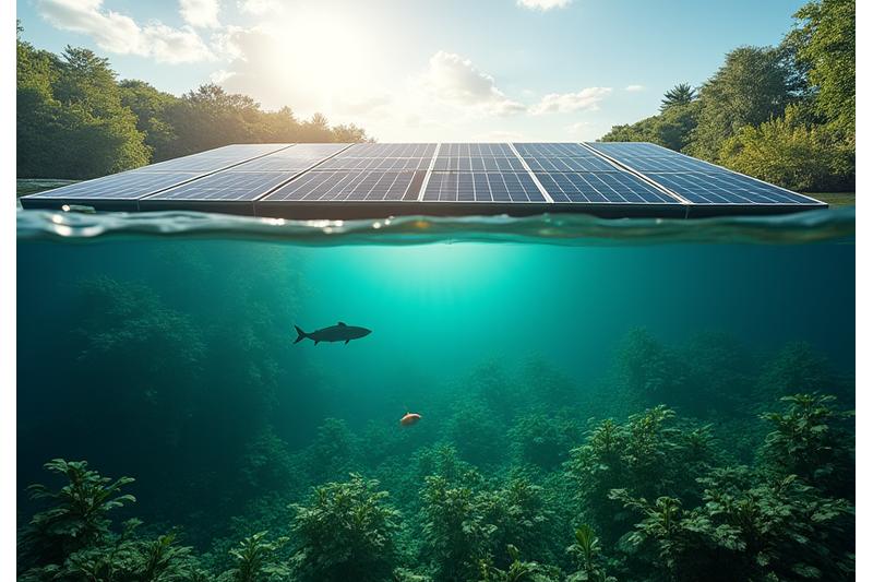 Sveiko vandens telkinio ekosistema po plaukiojančia saulės elektrine