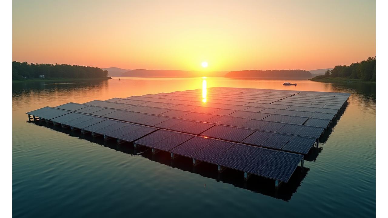 Didelė plaukiojanti saulės elektrinė ant skaidraus ežero, saulėlydžio metu