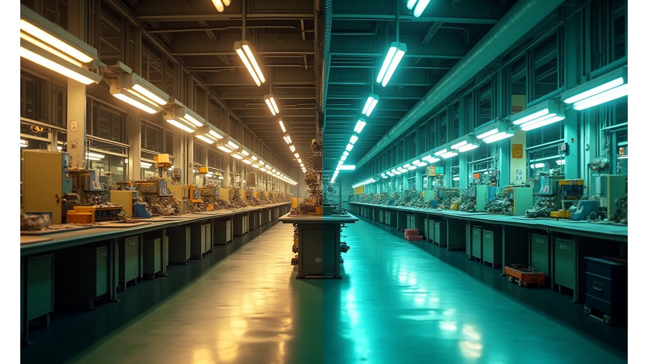 Pramoninės gamyklos interjeras prieš ir po optimizavimo: kairėje – neryškus, netolygus apšvietimas, dešinėje – ryškus, energiją taupantis LED apšvietimas, stiprinantis saugumą ir produktyvumą.